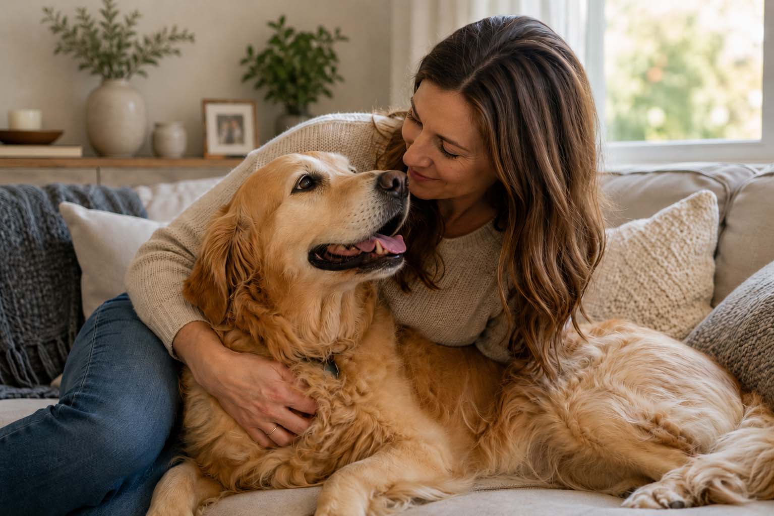 A pet owner comforting their dog at home